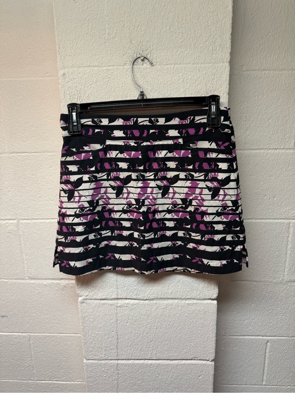 Lady Hagen Black, White & Purple Striped Floral Mini Skirt